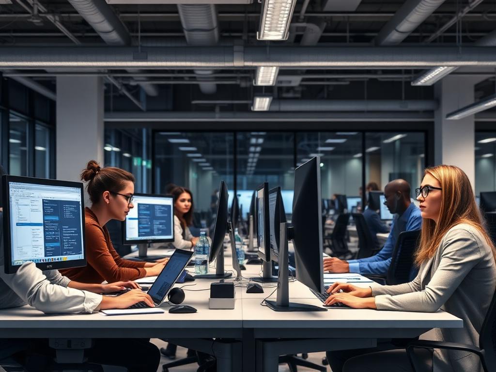 Equipe de operações executando processos digitais em escritório moderno