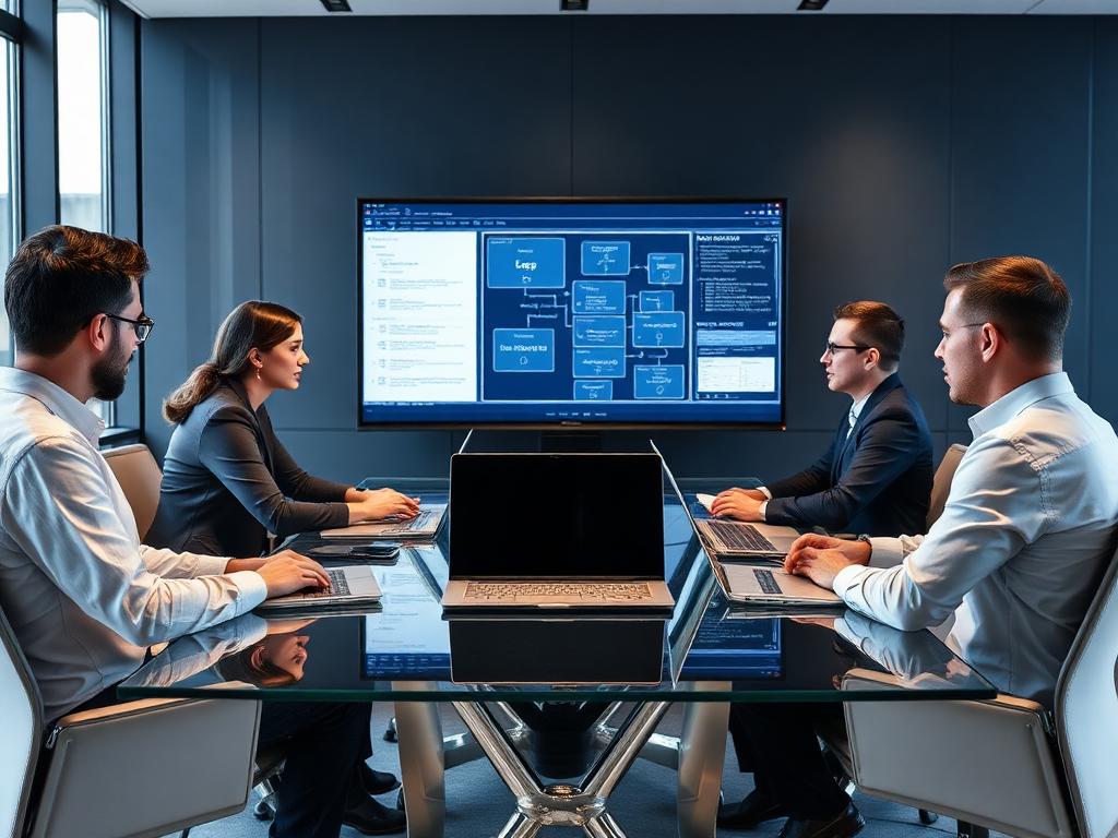 Consultores de TI reunidos analisando arquitetura tecnológica